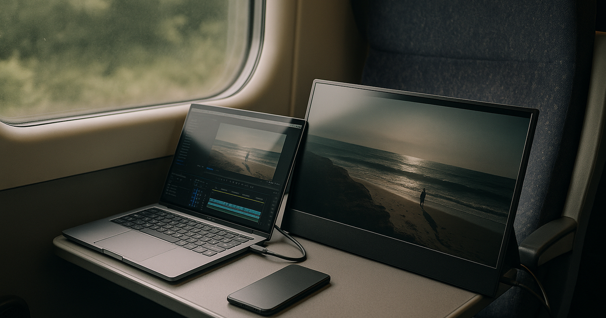 Freelance photographer working on a laptop with a portable monitor on a sunny beach