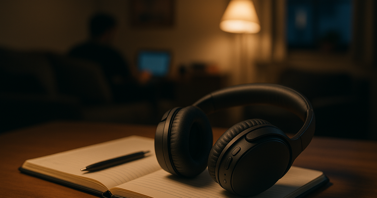 A student in a shared apartment struggling to study due to noise, using budget ANC headphones.