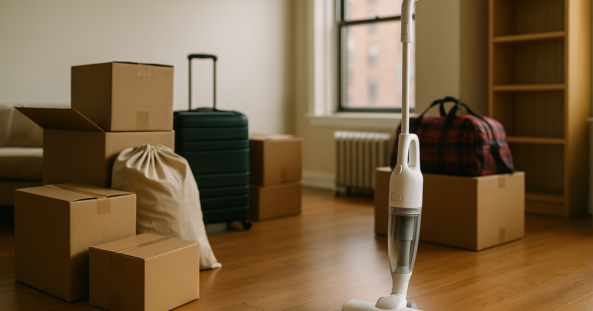 Student moving belongings into a car on a crowded sidewalk, considering whether a lightweight vacuum is worth the space.
