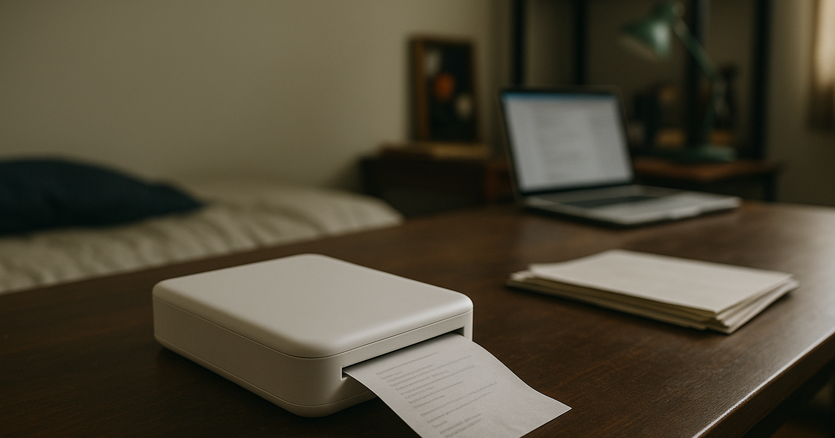 A student desk in a shared dorm room with a small portable printer on it.