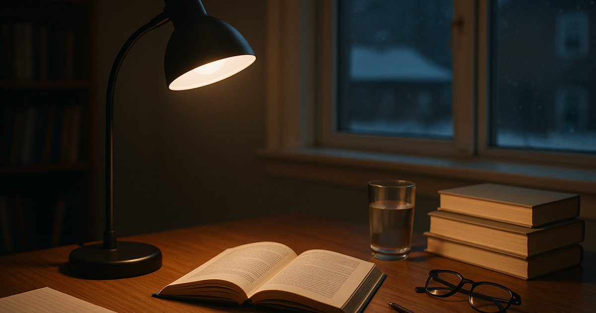 A student studies at a desk illuminated by a study lamp.