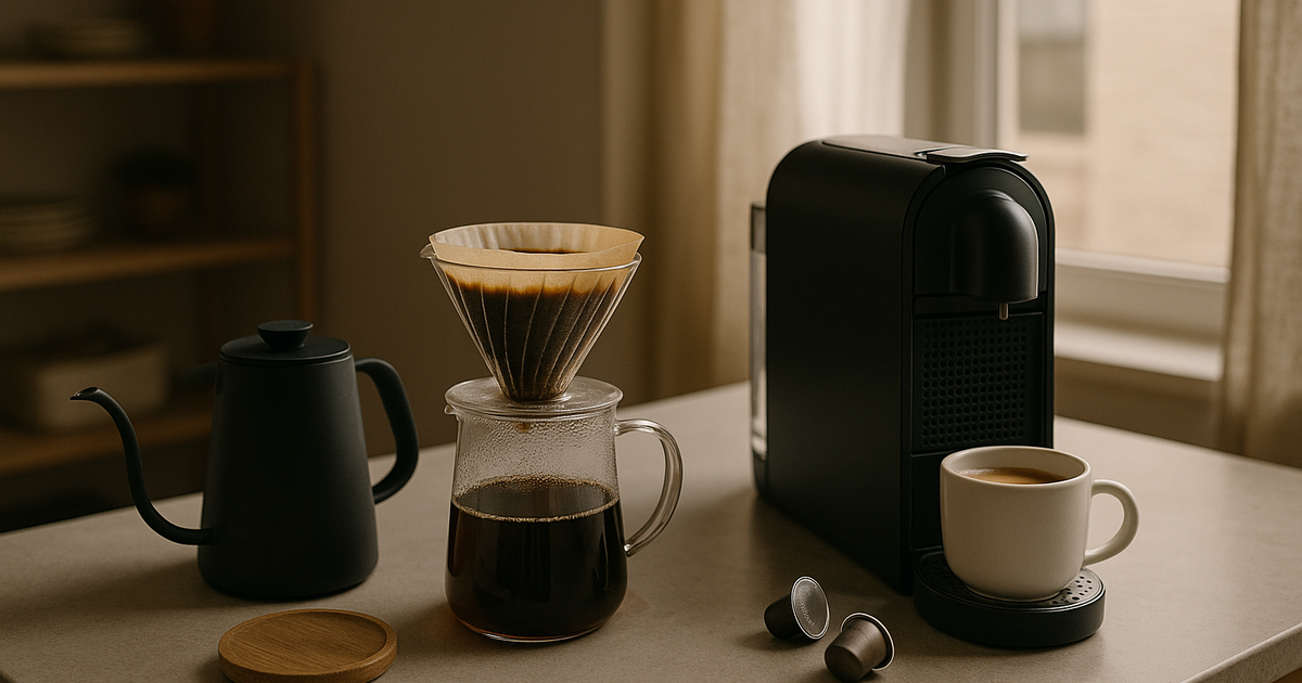 A pour-over coffee setup on a small apartment kitchen counter.
