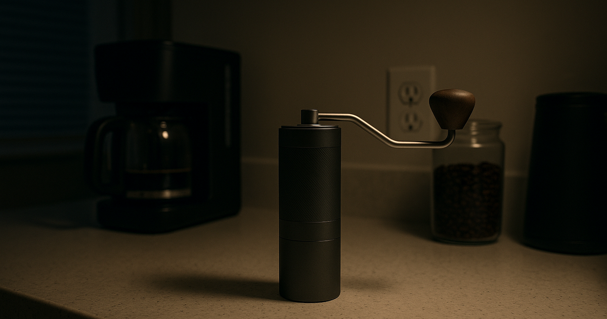A person in a small apartment kitchen is hand-grinding coffee beans in a 1Zpresso J-Ultra manual coffee grinder at night.