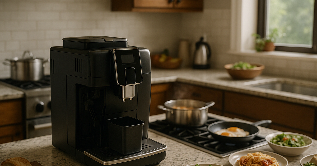 A super-automatic espresso machine being cleaned in a modern kitchen.