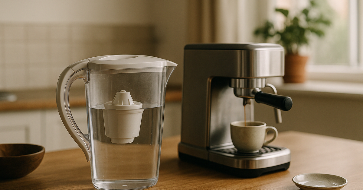 A woman in a small apartment kitchen is filtering water into a coffee machine. 